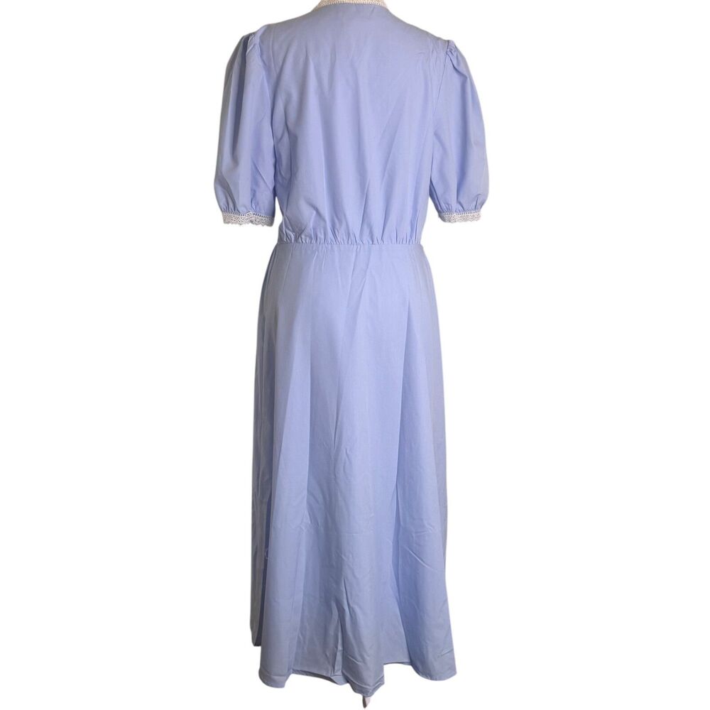 Rihoas Midi Dress Lace Trim Puff Sleeve V Neck Woven Blue S NWT - Picture 3 of 5